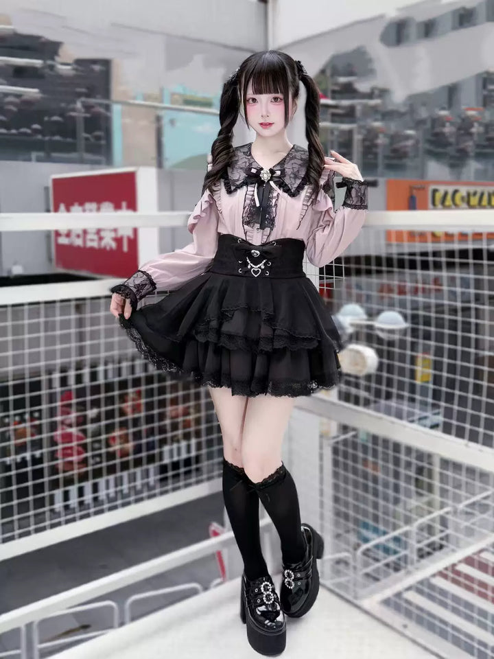 Jirai Kei Long Sleeve Blouse, Lace Overlay and Heart Buttons 44589:815188