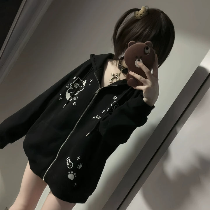 Kawaii Cat Ear Hooded Jacket, Bandage & Fishbone Print 43324:774190