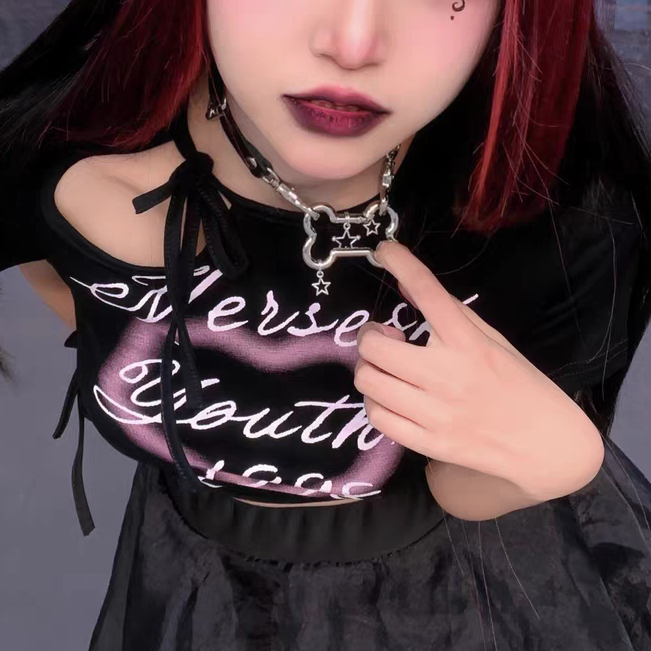 Jirai Kei Necklace Metallic Bone Star Pendant PU Punk Choker 42684:749334