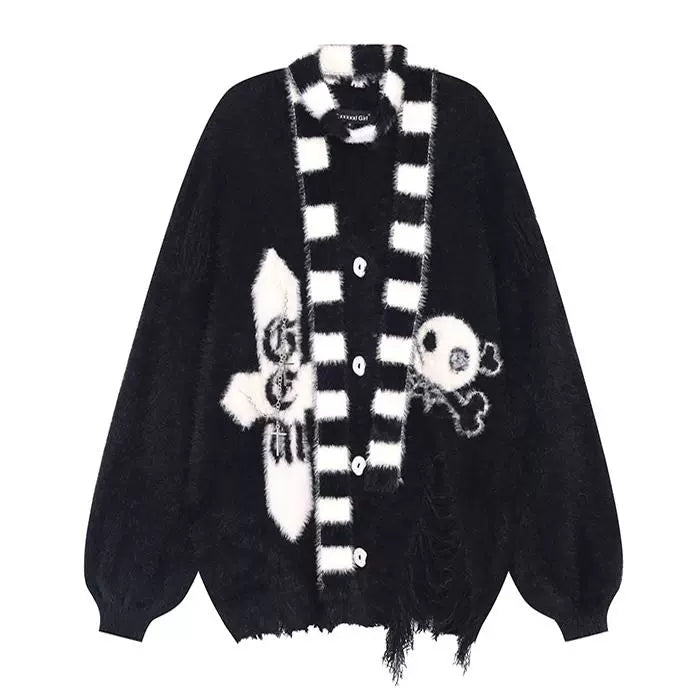 Jirai Kei Sweater Irregular Hem Cardigan With Striped Scarf 40922:680428