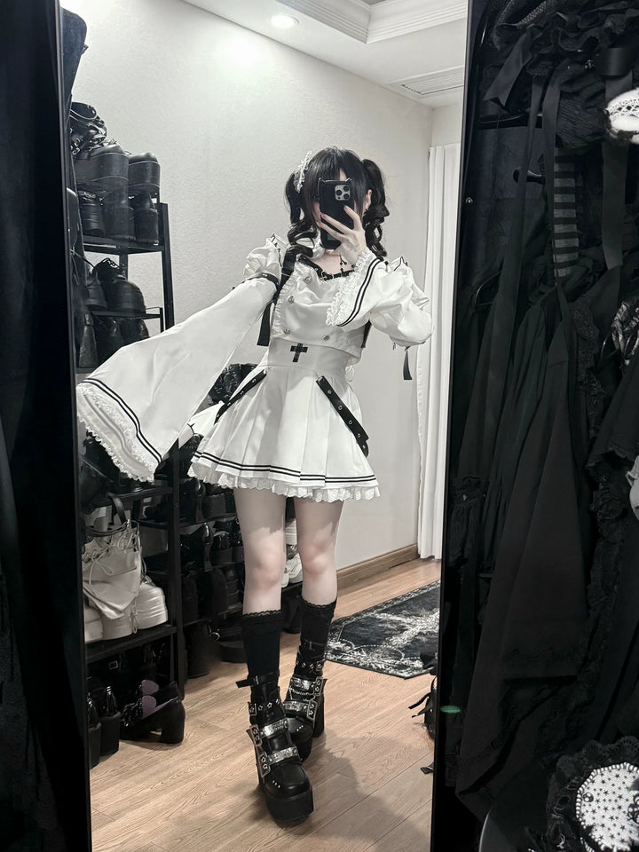 Black-and-White Gothic Top and Skirt Set, Belt & Lace 46072:874663