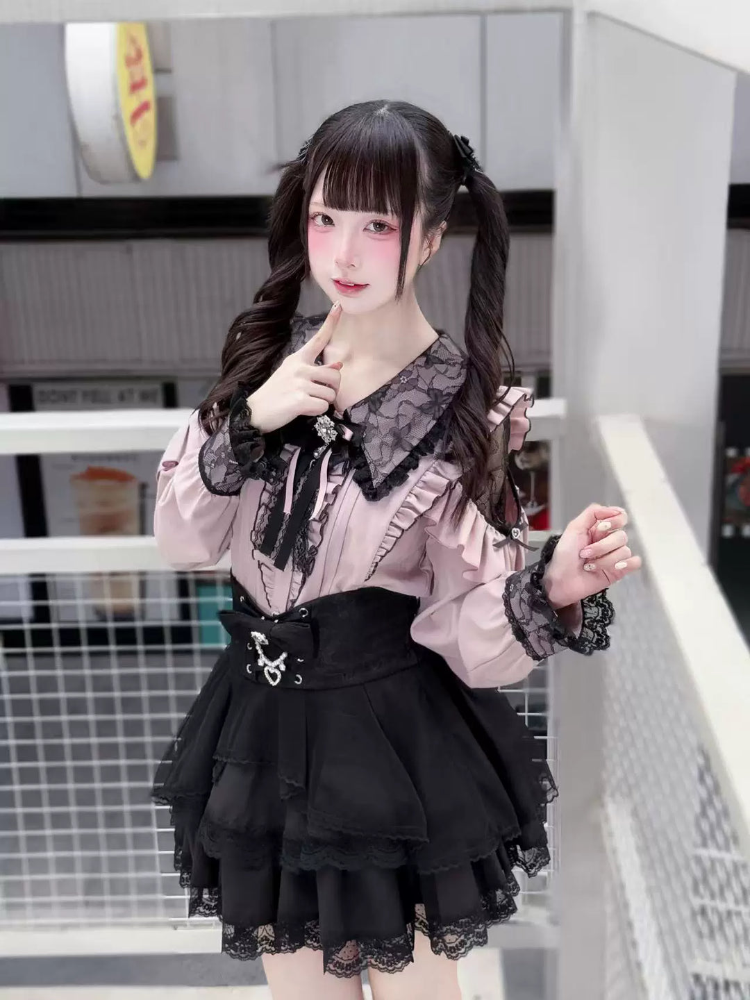 Jirai Kei Long Sleeve Blouse, Lace Overlay and Heart Buttons 44589:815194