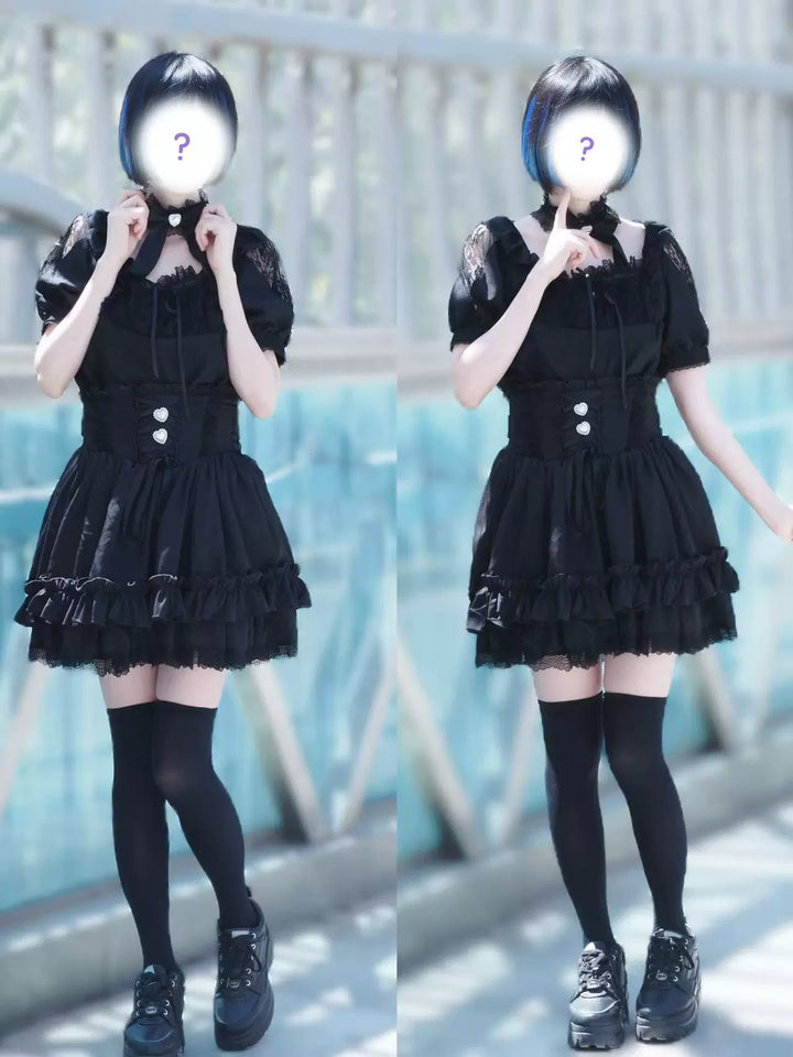 Black / White Jirai Kei Blouse + High-Waisted Skirt 43001:778901