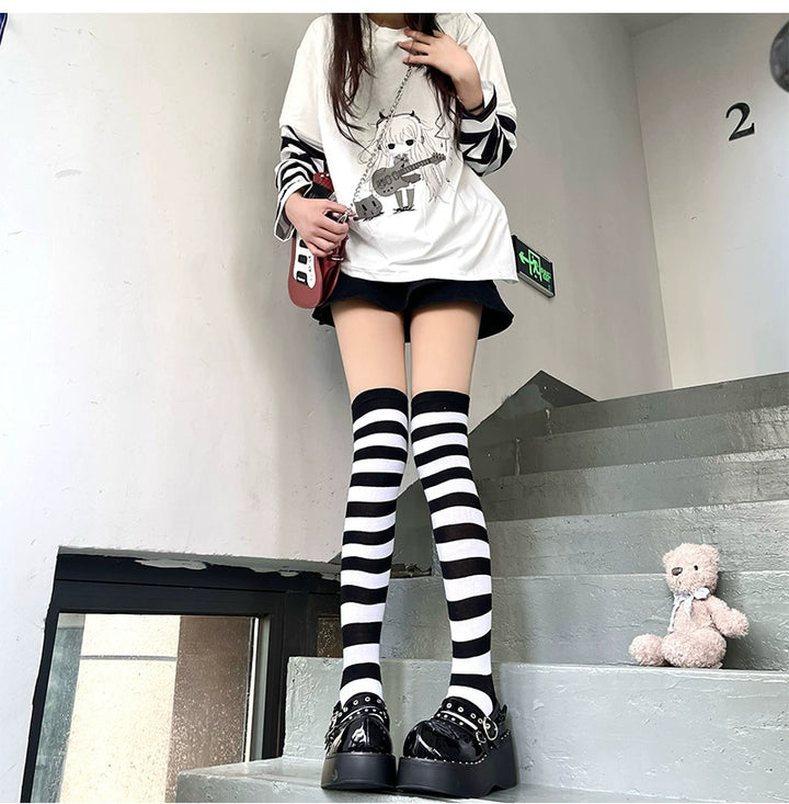 Punk Socks Striped Knee-High Length Socks Multicolor 36518:530348 36518:530348