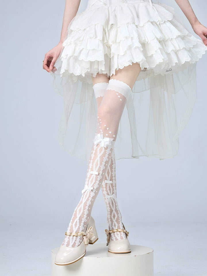 Lolita Socks Over-the-Knee Stockings Bow Print Lace Socks 36536:541238 36536:541238
