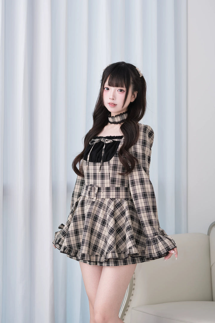 Jirai Kei Plaid Dress and Shorts Set, Lace Trim Choker 44689:819263