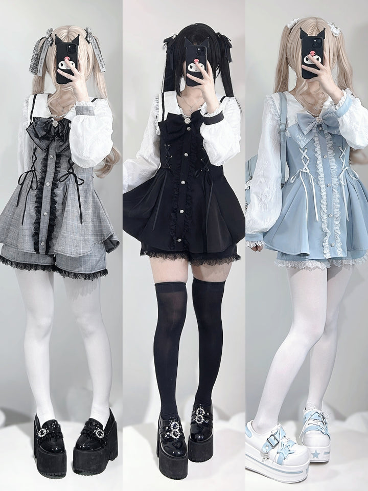 Lace-up Jirai Kei Dress Set with Lace and Rhinestone Button 42784:752966