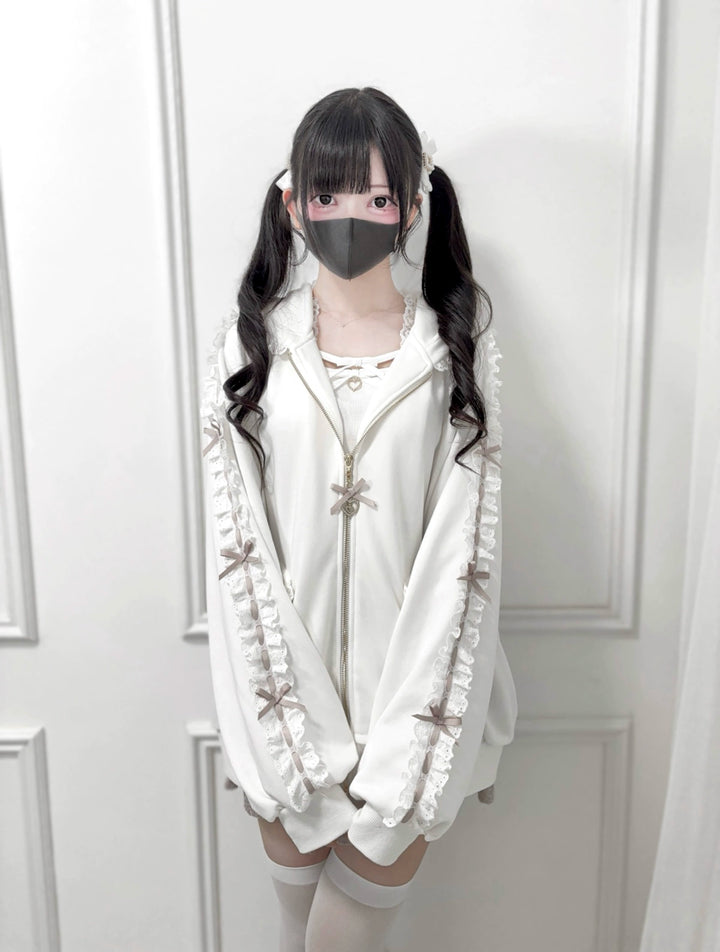Jirai Kei Zip-Up Hoodie, Ruffle Lace and Bows 44176:800899
