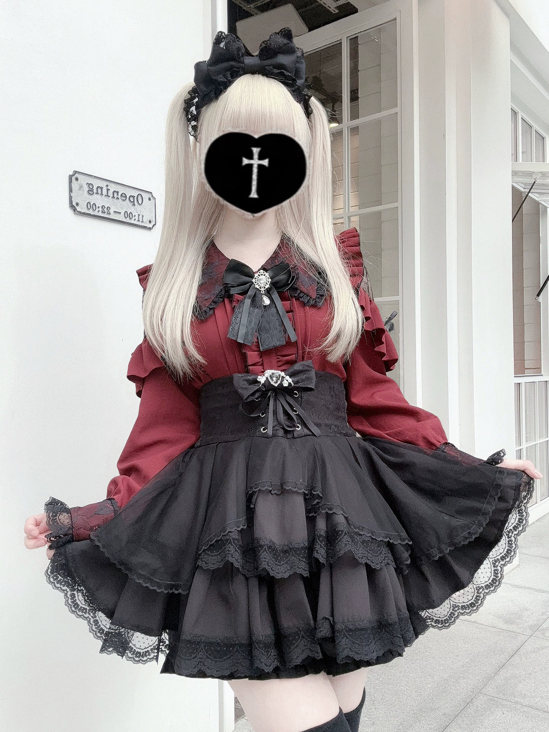 Jirai Kei Long Sleeve Blouse, Lace Overlay and Heart Buttons 44589:815135
