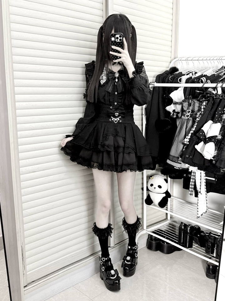 Jirai Kei Tiered Tuffles Skirt, Elastic High-Waist 44587:814550