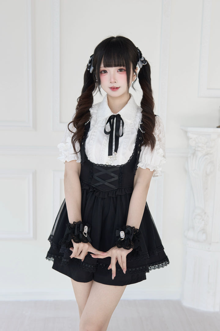 Jirai Kei Lace Cuffs, Pearl, Rhinestone & Heart Pendant 43317:774143