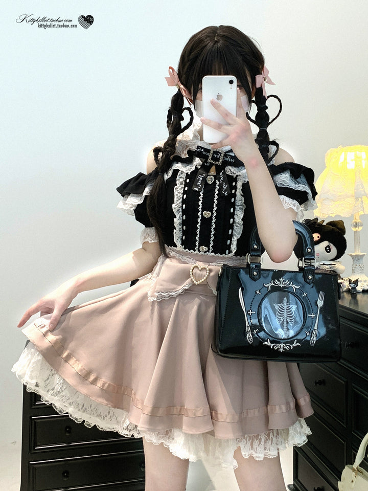 Lace Open Shoulder Jirai Kei Blouse, Heart Rhinestone 43692:783144
