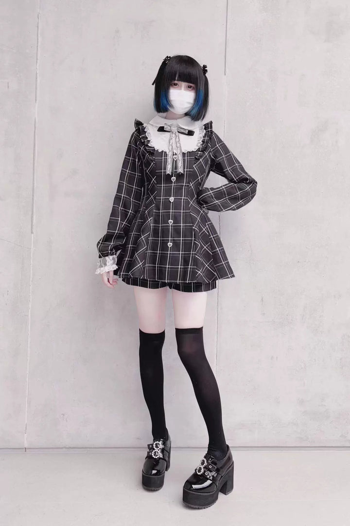 Jirai Kei Dress Set Long-sleeved Plaid Dress And Shorts 39444:620604