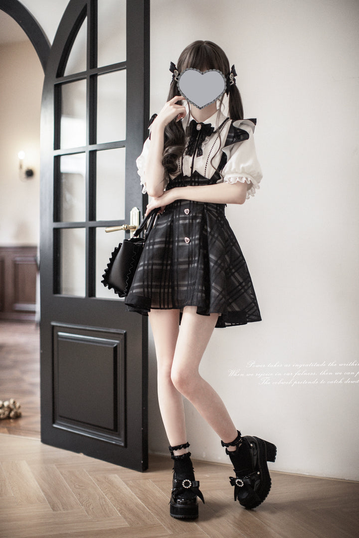 Black Plaid Jirai Kei Suspender Skirt, White Blouse 42918:760667