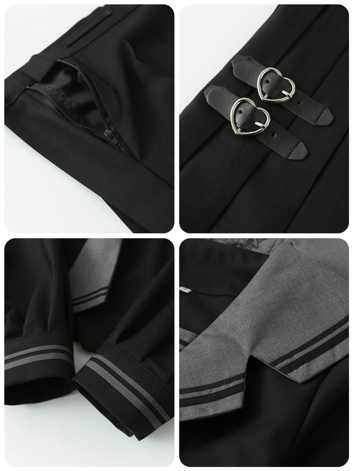 Black JK Uniform Sailor Collar Blouse Pocketed Pleated Skirt 43025:762740
