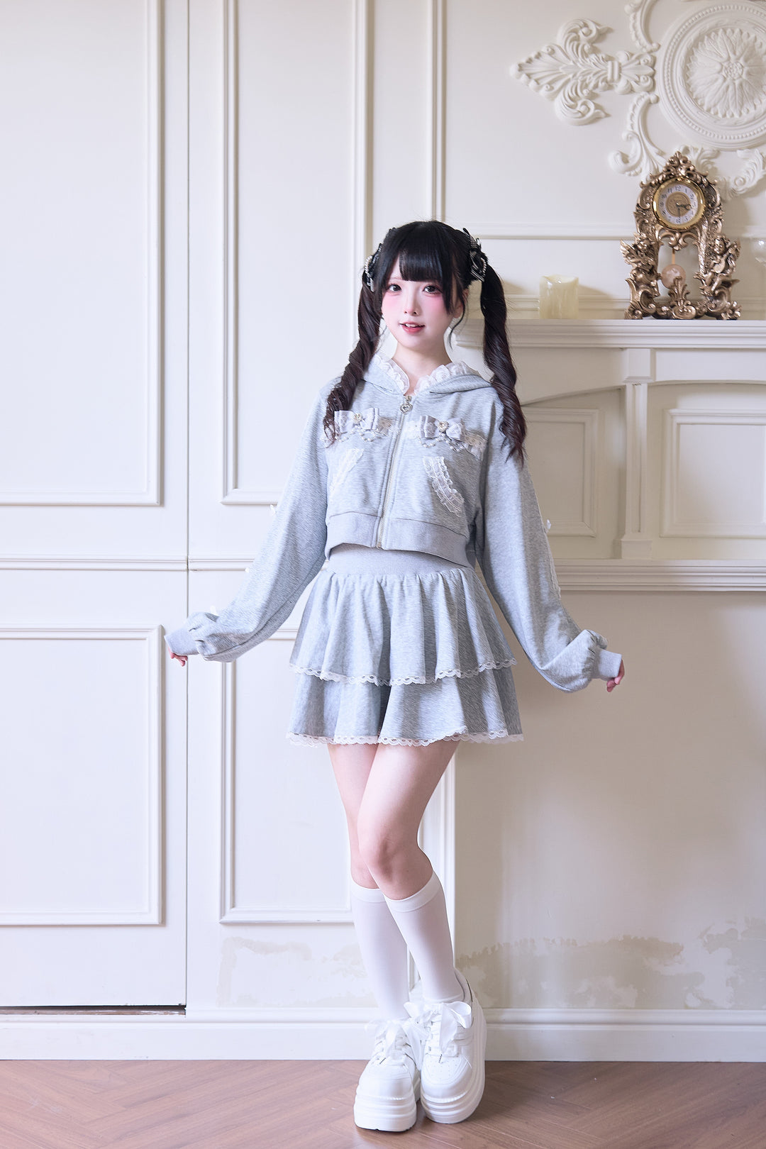 Sport Jirai Kei Hoodie Jacket Pants and Skirt with Lace Detail 42521:743639