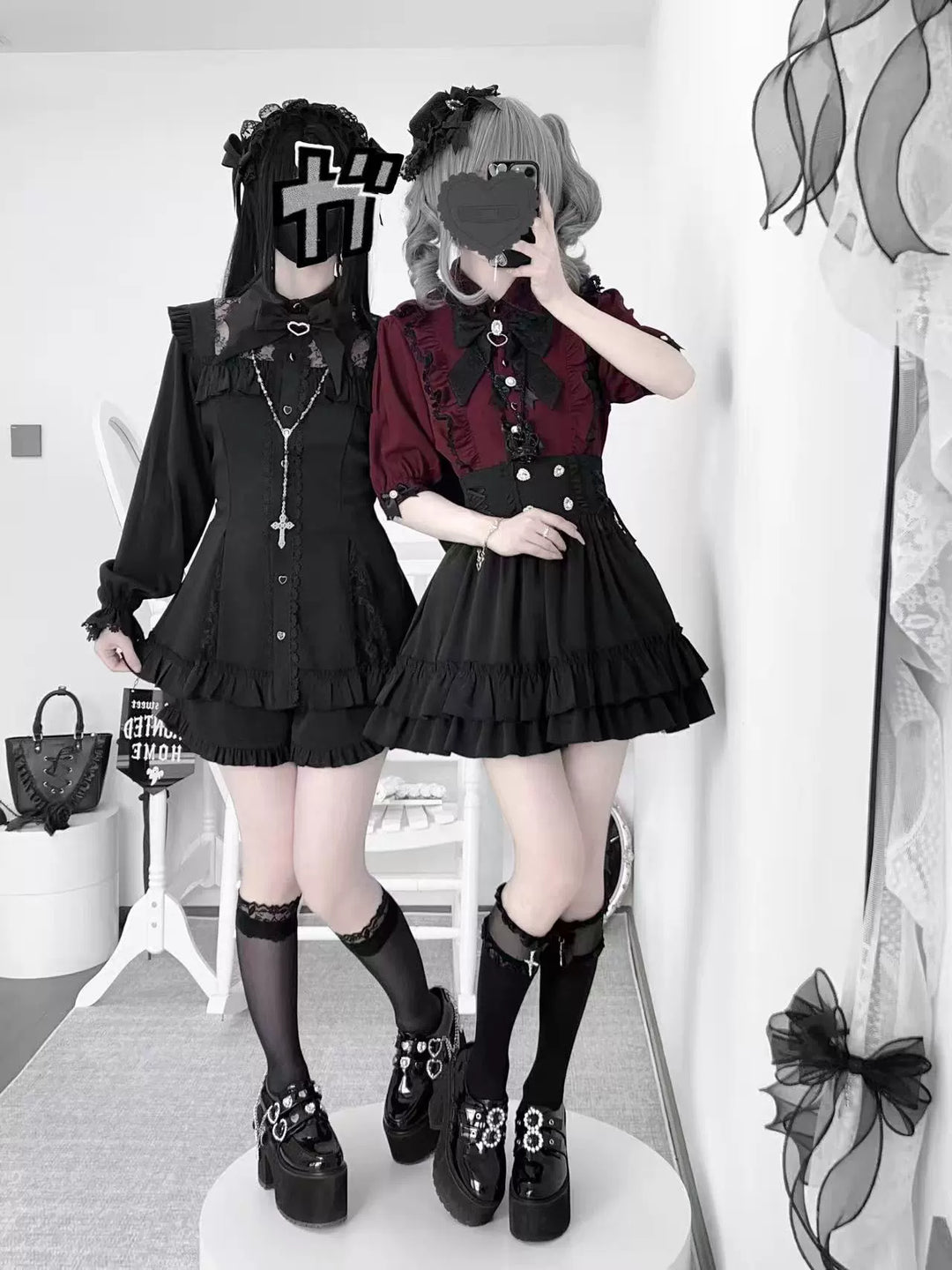 French-Style Jirai Kei Blouse, Large/Small Bow Pins 43196:770460