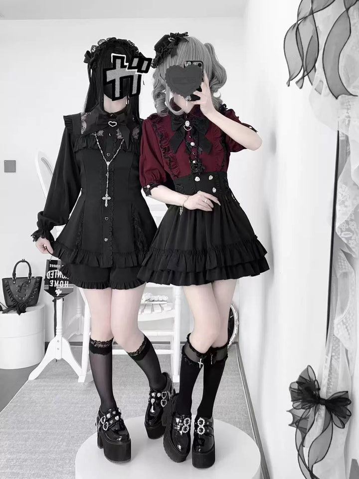 French-Style Jirai Kei Blouse, Large/Small Bow Pins 43196:770460