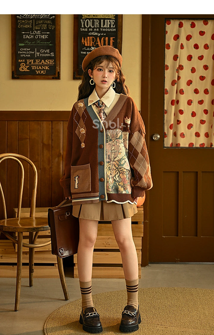 Mori Kei Vintage Style Melrad Knit Sweater Shirt Skirt Set 22716:335756