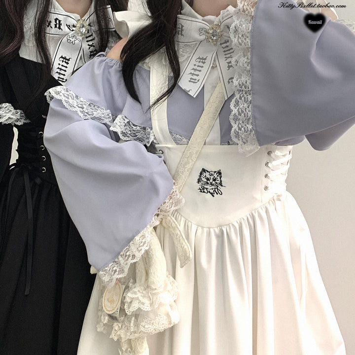 Open Shoulder Jirai Kei Blouse with Lace Trim & Princess Sleeves 42618:747006