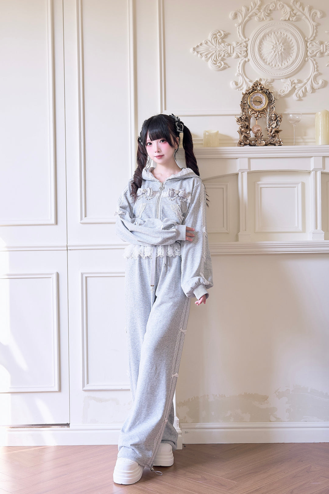 Sport Jirai Kei Hoodie Jacket Pants and Skirt with Lace Detail 42521:743640
