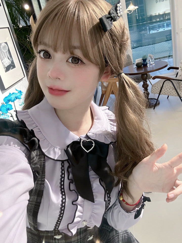 Jirai Kei Set Purple Open-Shoulder Blouse Plaid Suspender Skirt Set 33830:440744