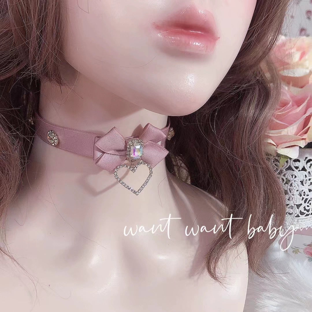 Pink Black Jirai Kei Necklace Choker With Bow And Rhinestone 21762:313088