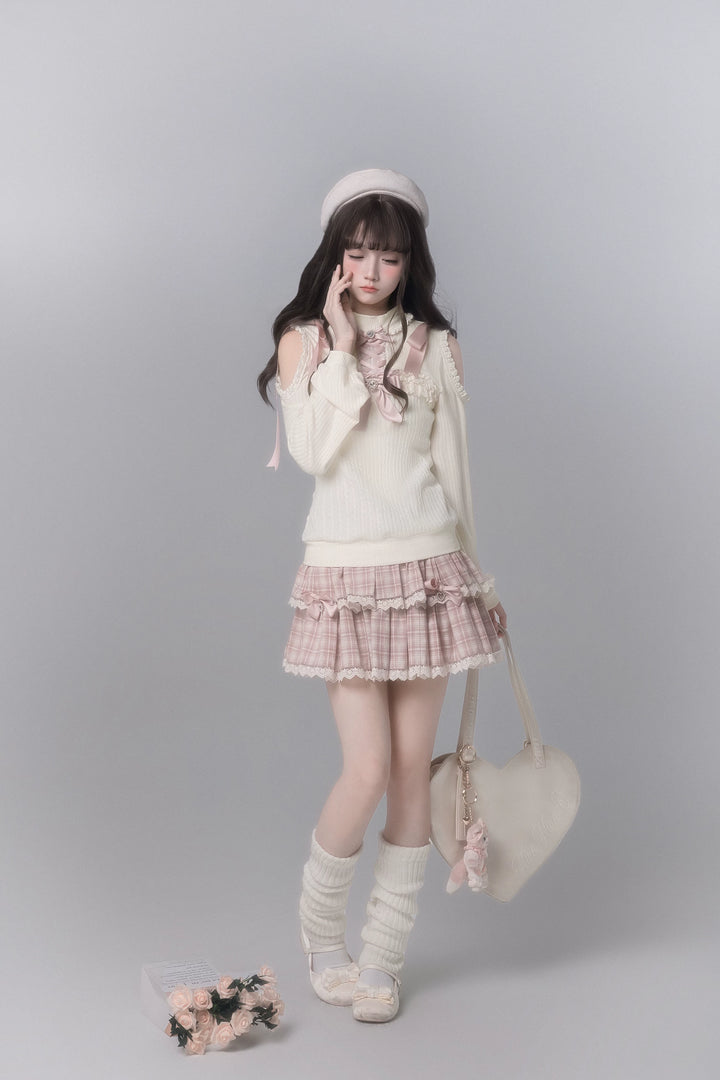 Ryousangata Open-Shoulder Sweater, Tiered Plaid Skirt 44776:824072