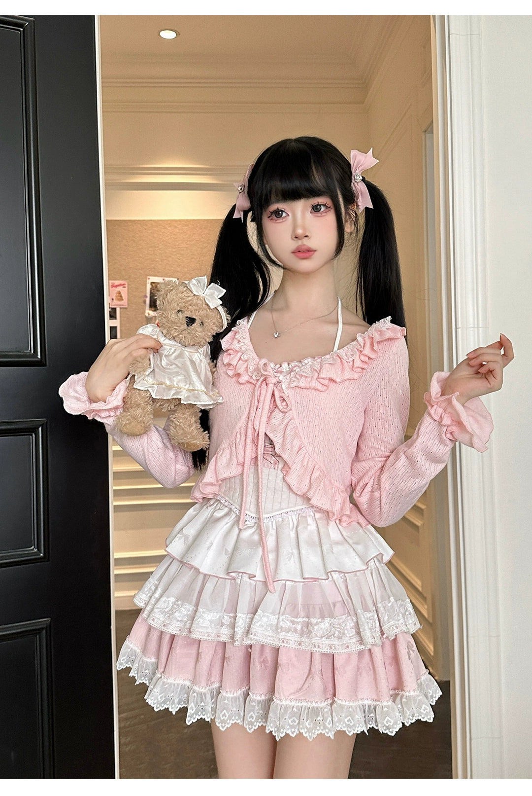 Ryousangata Skirt Set Pink Cardigan White Straps Top 37008:548386 37008:548386