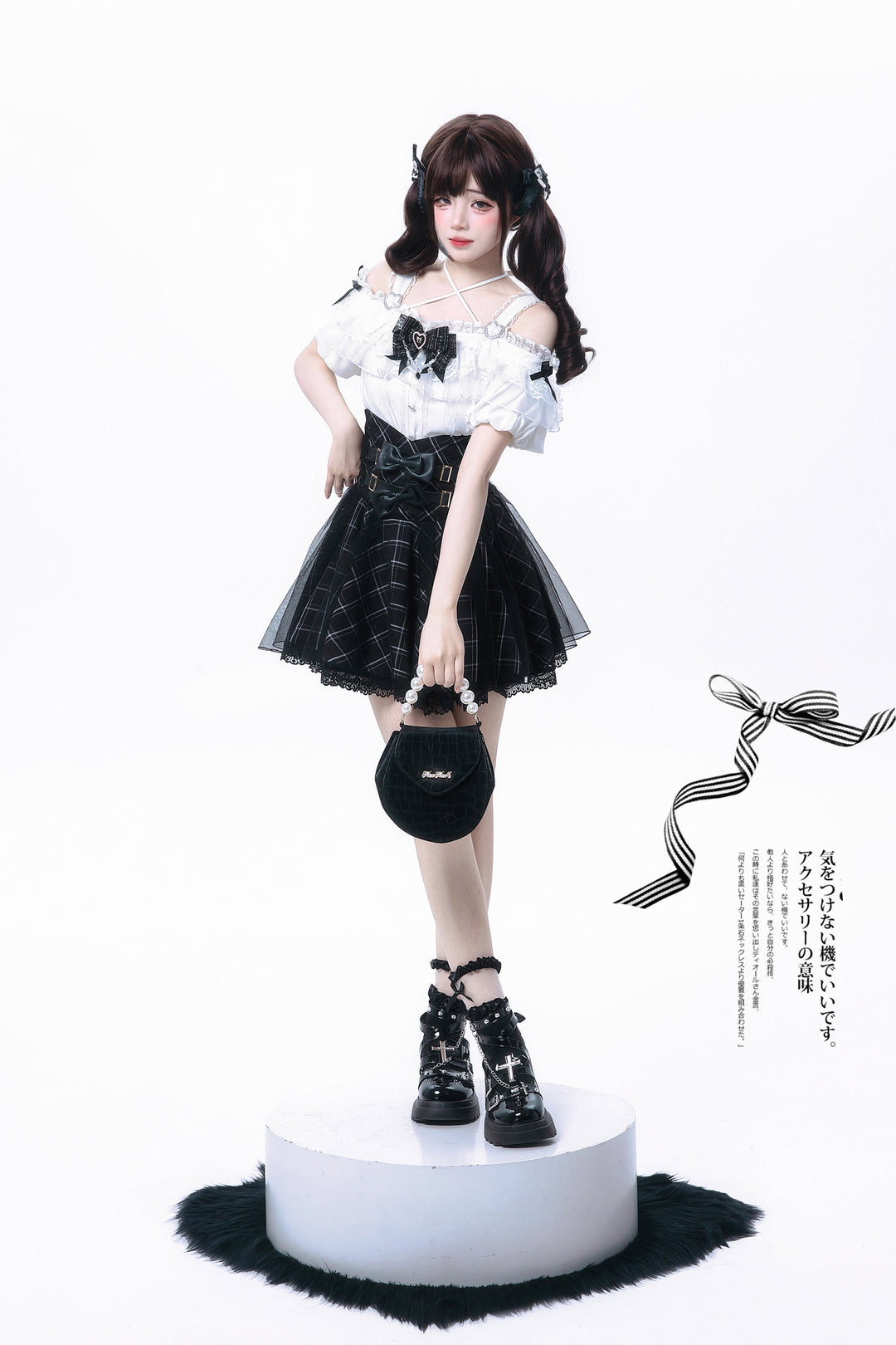 Jirai Kei Halter Neck Off-Shoulder Shirt and Lace Trim Skirt 42706:752705