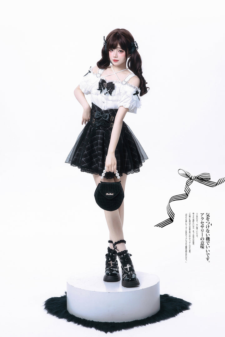 Jirai Kei Halter Neck Off-Shoulder Shirt and Lace Trim Skirt 42706:752705