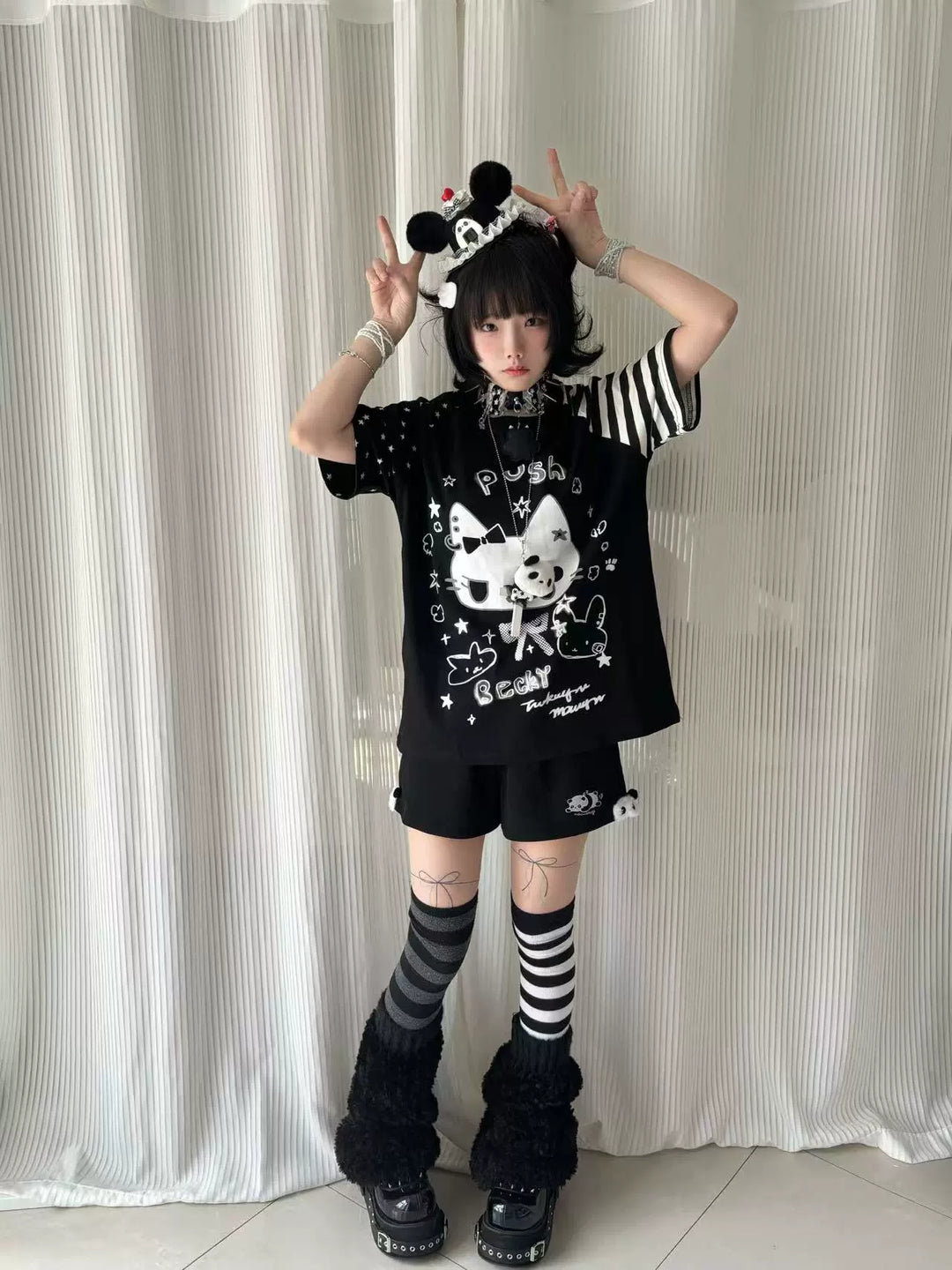 Kawaii Otaku Anime Cat Print Cotton Shirt Black & White 42851:755330
