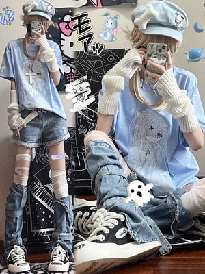 Jirai Kei White Blue Short-sleeved T-shirts 29224:343280 29224:343280