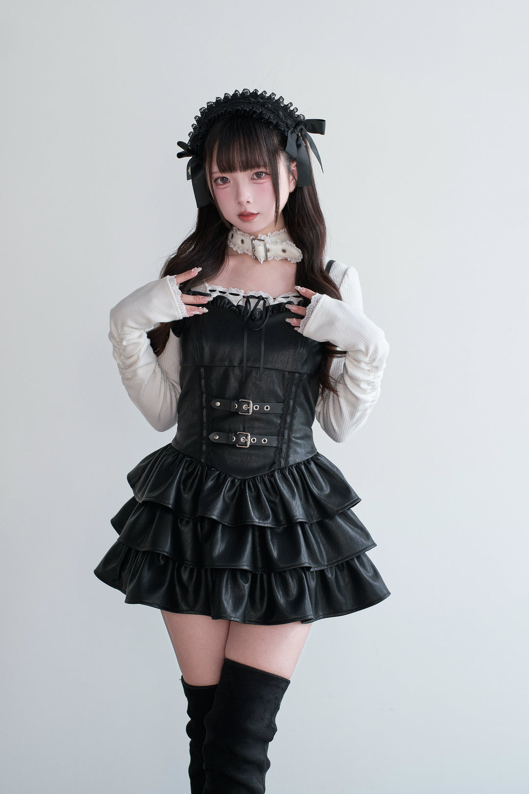 Jirai Kei Strappy Mini Dress, Tiered Ruffles (L M) 44328:805459