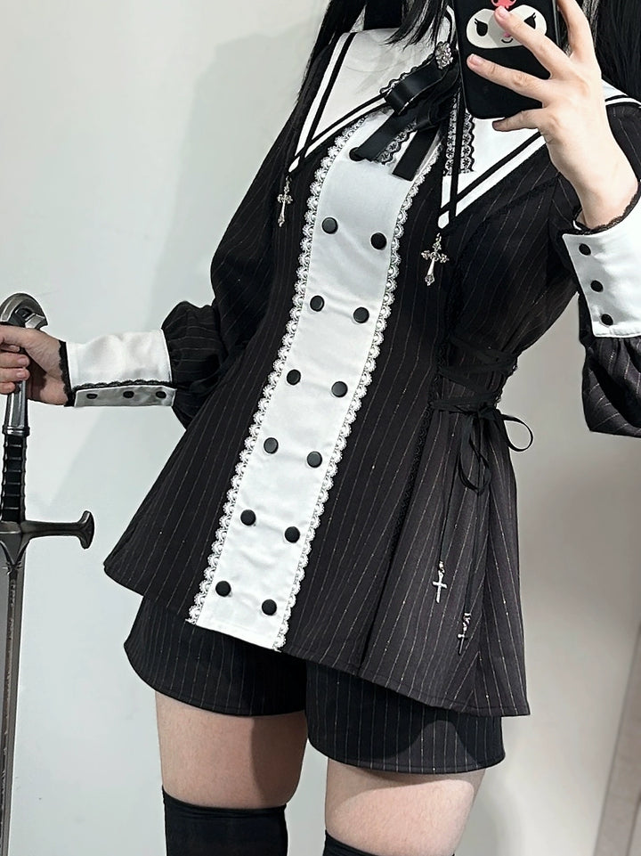 Striped Jirai Kei Set Up, Detachable Collar, Long/Short Sleeve Styles 43401:775816