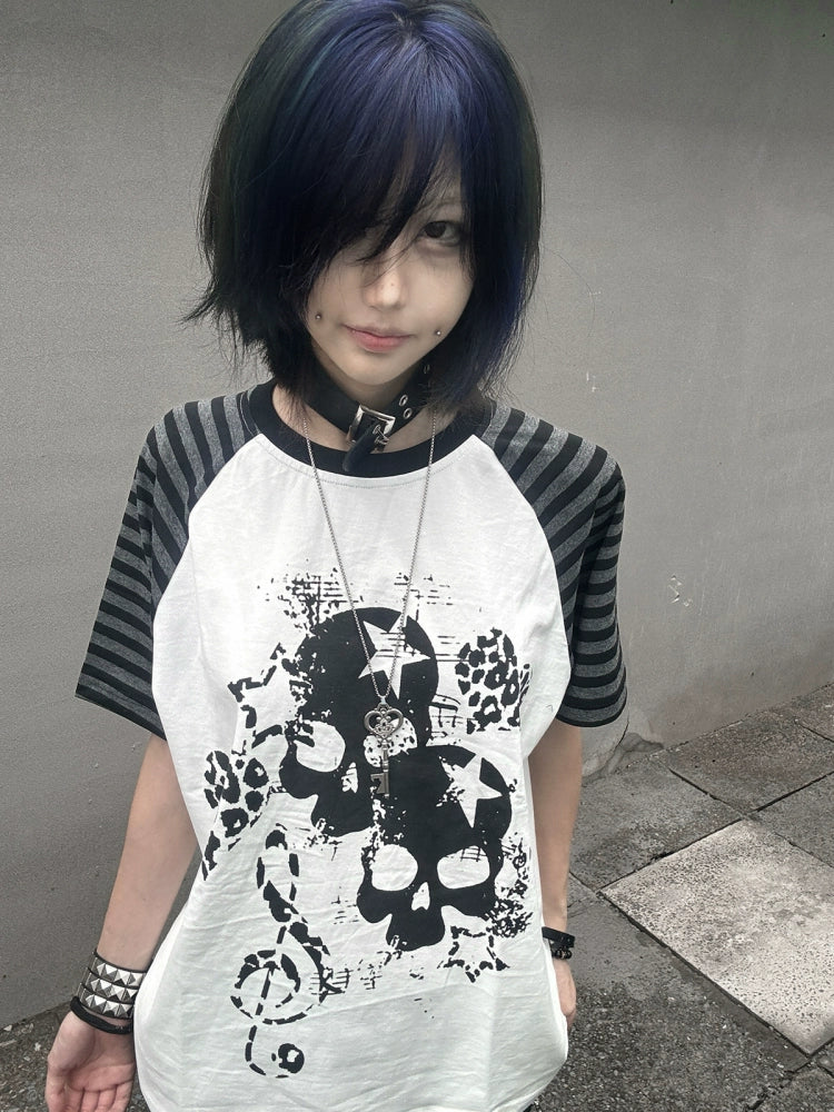 Cotton Subculture T-shirt, Gothic Skull & Leopard Heart Print 43225:771670