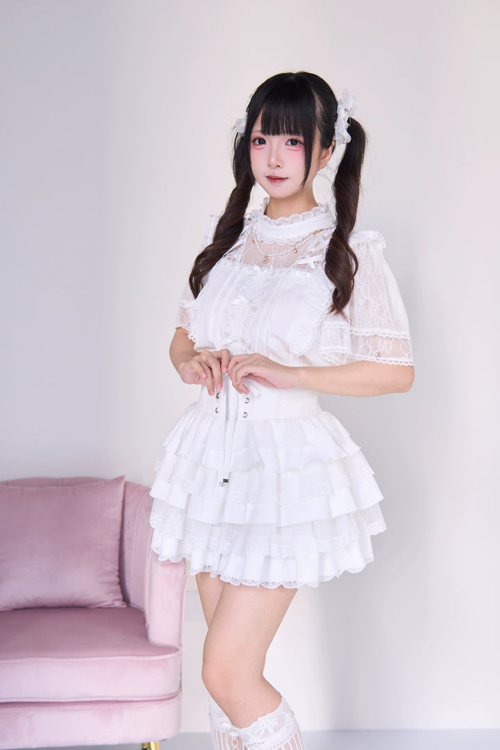 Jirai Kei Pearl Necklace Blouse, Lace-up Cake Skirt Set 43019:765672