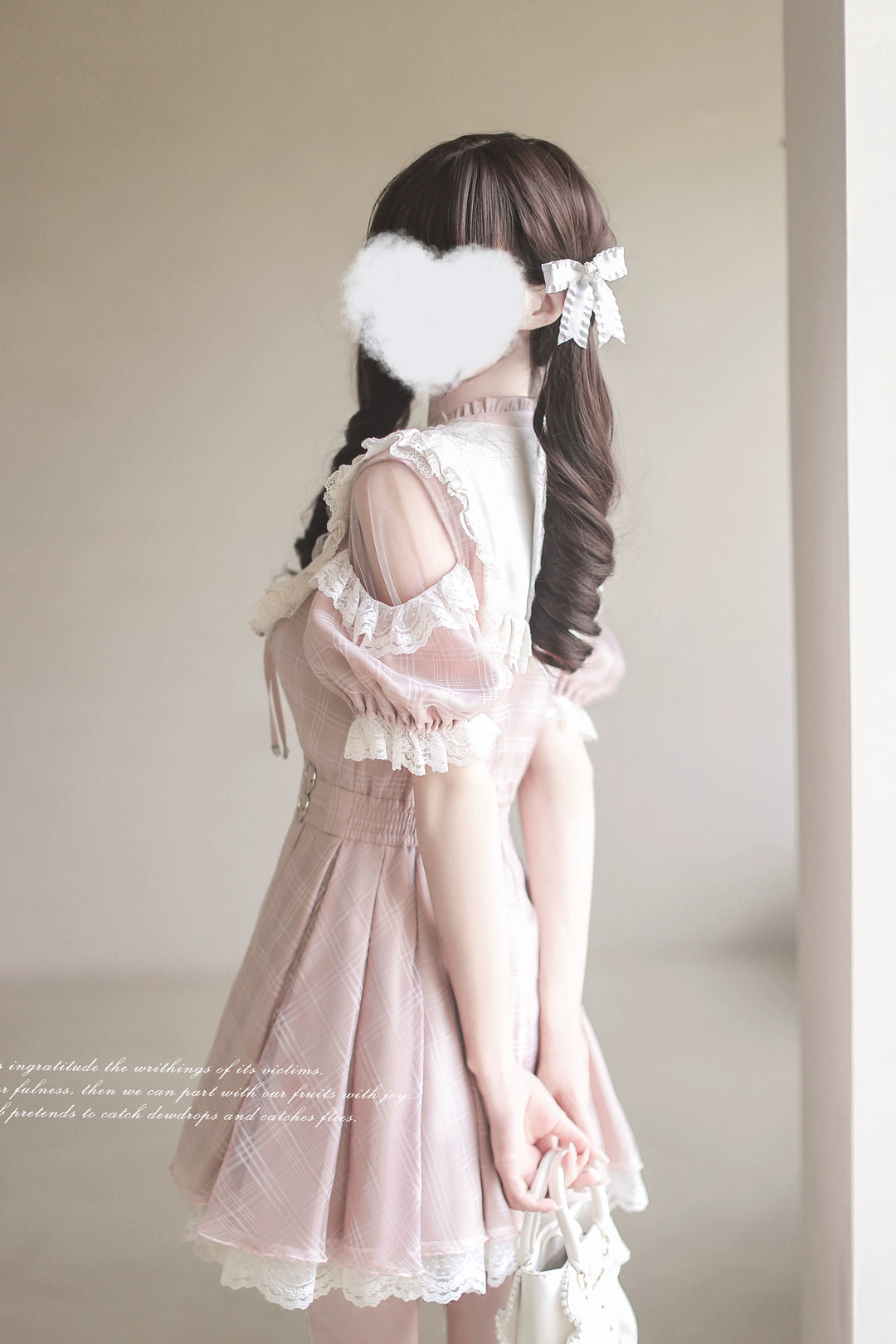 Pink Ryousangata Dress, Lace Trim & Square Rhinestone Bow 43193:770321