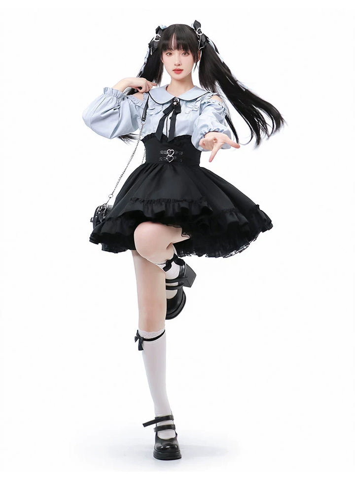 Jirai Kei Blue Open Shoulder Blouse, Flounce Hem Skirt 21966:351026