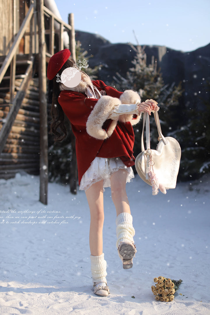Christmas Woolen Blend Red Cloak, Beige Blouse 44037:793468