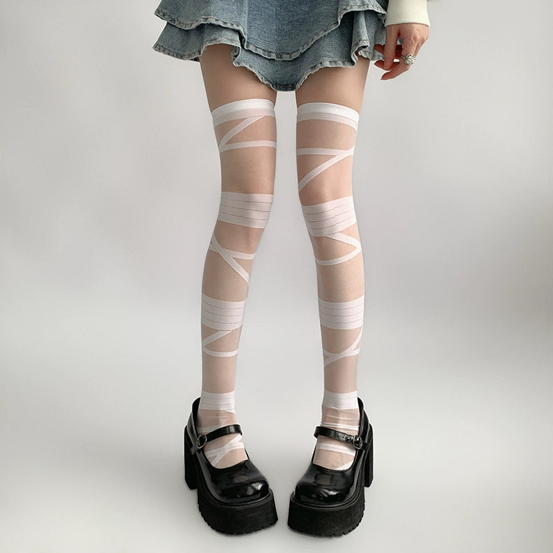 Lolita Socks Y2K Thigh-high Socks Straps White Black Silk 36616:522428 36616:522428