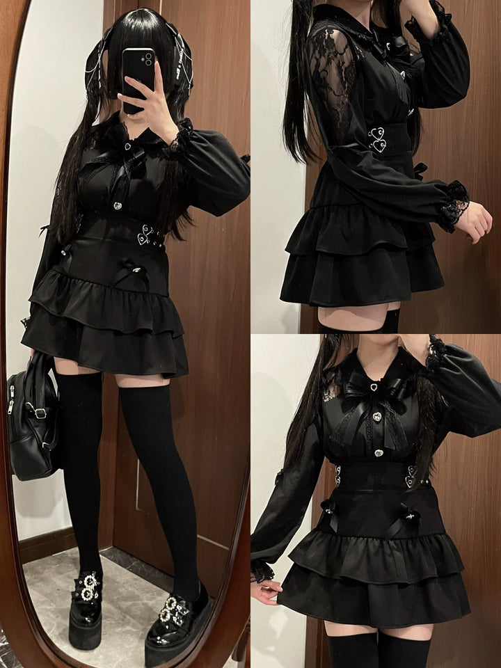 Jirai Kei Skirt Set Lace Collar Blouse A-line Skirt Set 39534:628784