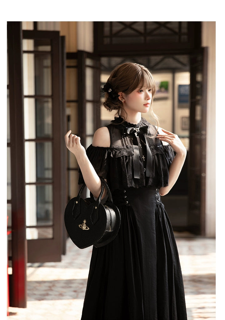 Black / White Jirai Kei Long Dress, Detachable Bow, Cross Detail (L M S) 43510:778767