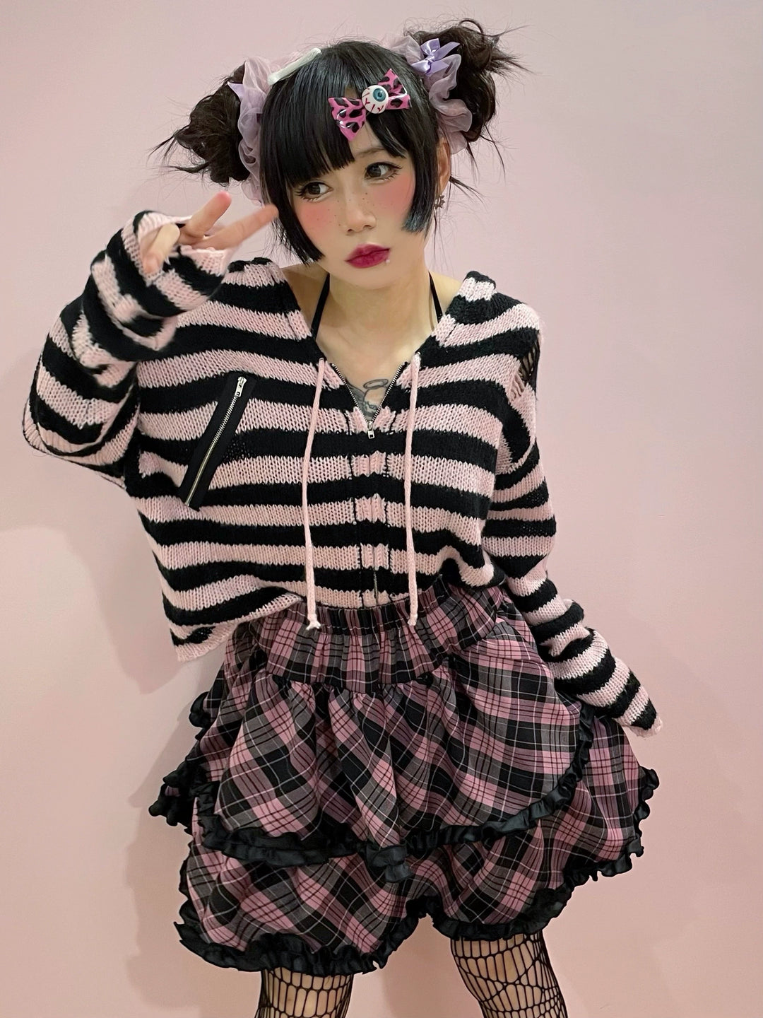 Punk Plaid Skirt Pink Blue Skirt Bow Layered Ruffle Skirt 33818:445974 33818:445974
