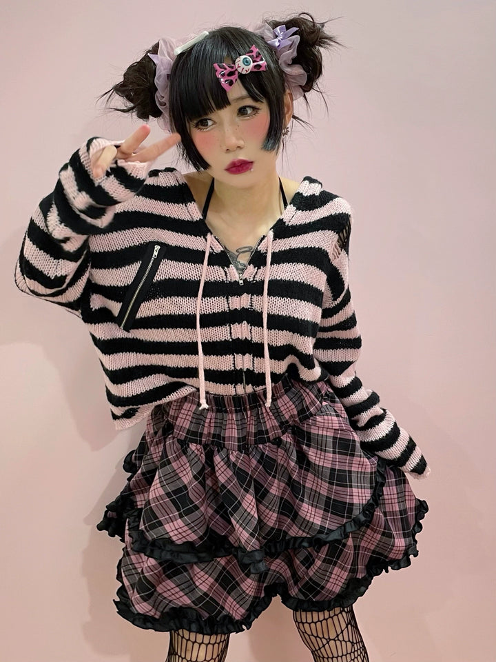 Punk Plaid Skirt Pink Blue Skirt Bow Layered Ruffle Skirt 33818:445974 33818:445974
