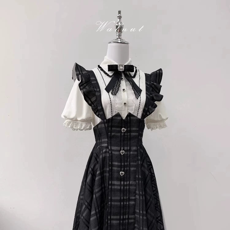 Black Plaid Jirai Kei Suspender Skirt, White Blouse 42918:757771