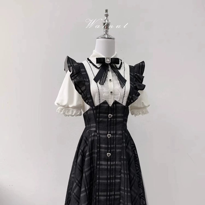 Black Plaid Jirai Kei Suspender Skirt, White Blouse 42918:757771