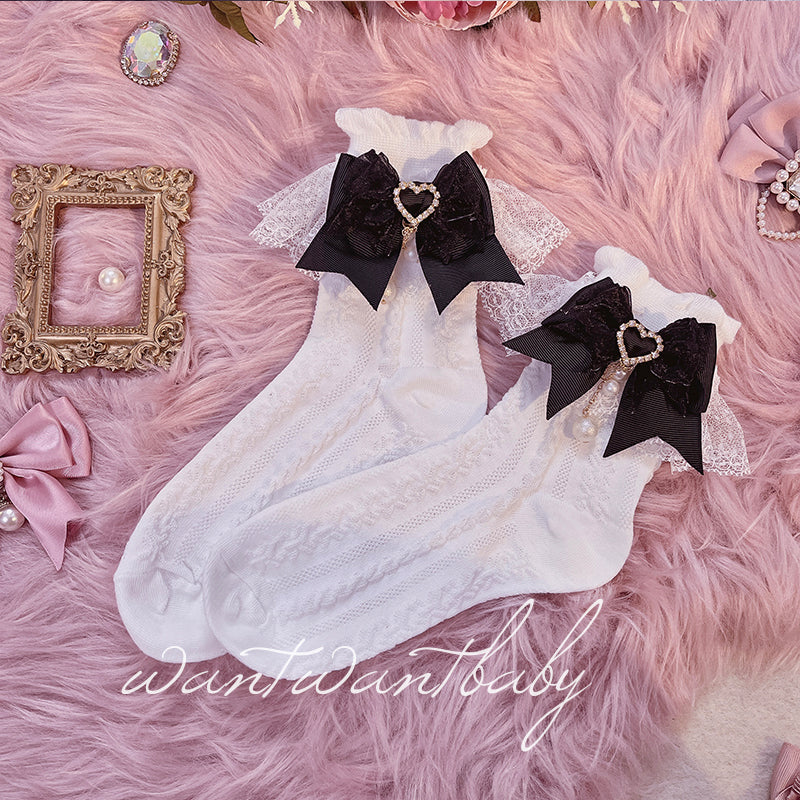 Jirai Kei Socks Black White Pink Blue Bow Lace Socks 21754:320598