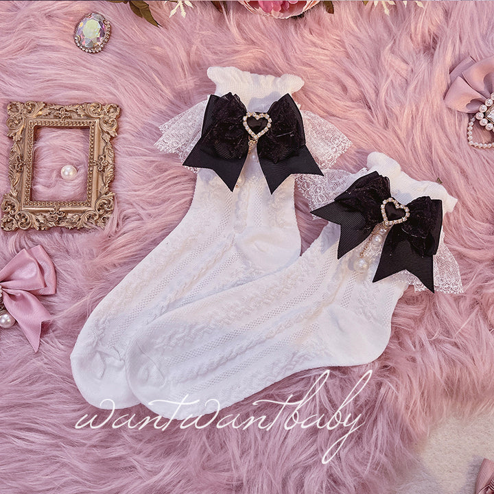Jirai Kei Socks Black White Pink Blue Bow Lace Socks 21754:320598