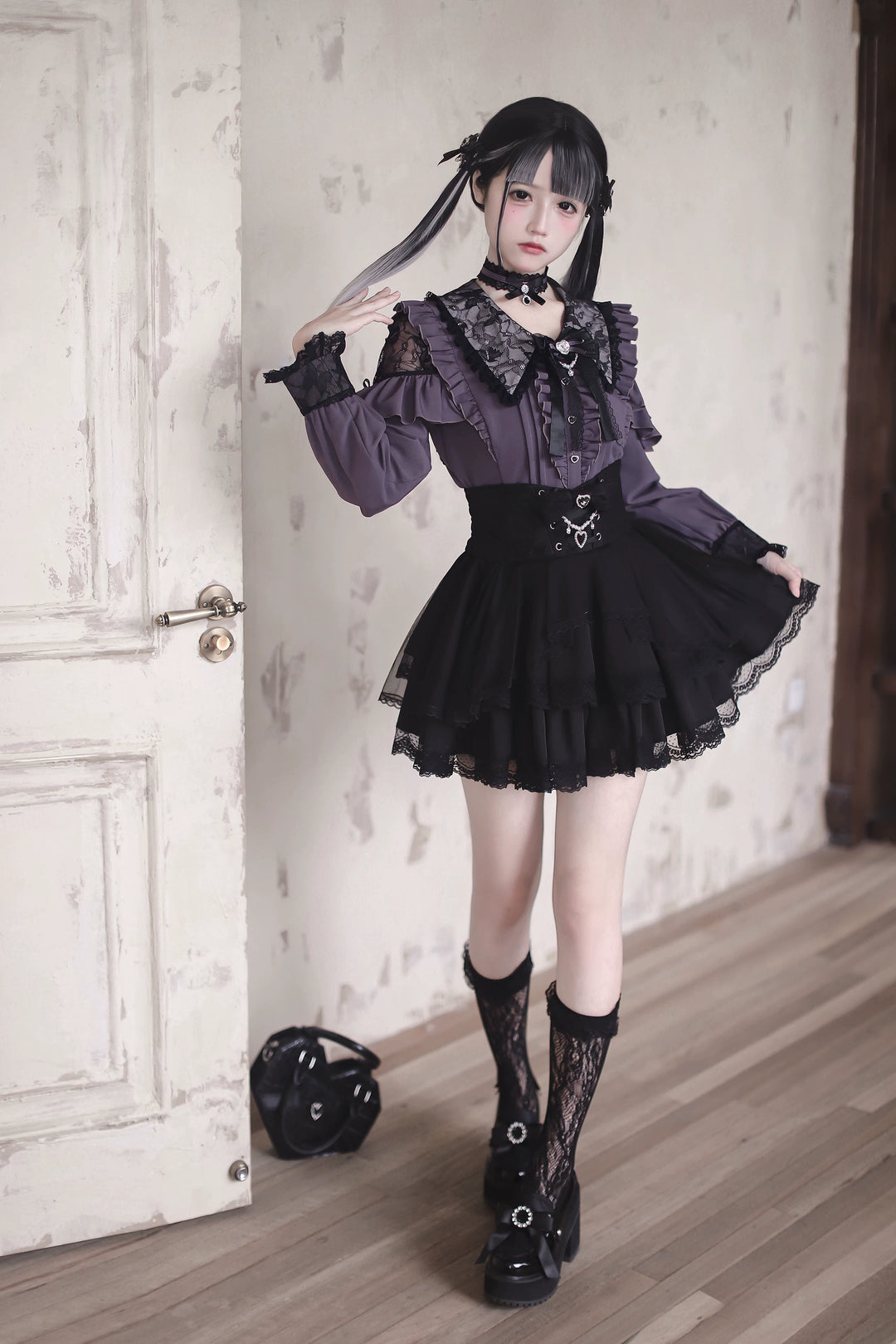 Jirai Kei Tiered Tuffles Skirt, Elastic High-Waist 44587:814585